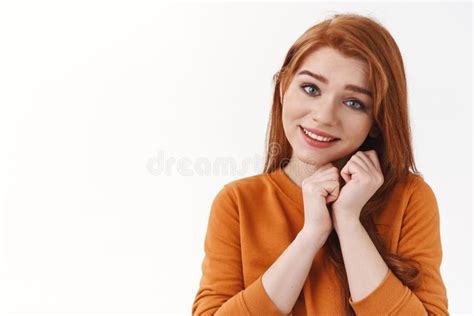 Close Up Tender Cheerful Redhead Girl With Long Hair Wear Makeup