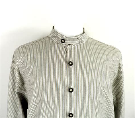 1970s Brown And Green Striped Trachten Cotton Collarless Long Grandad