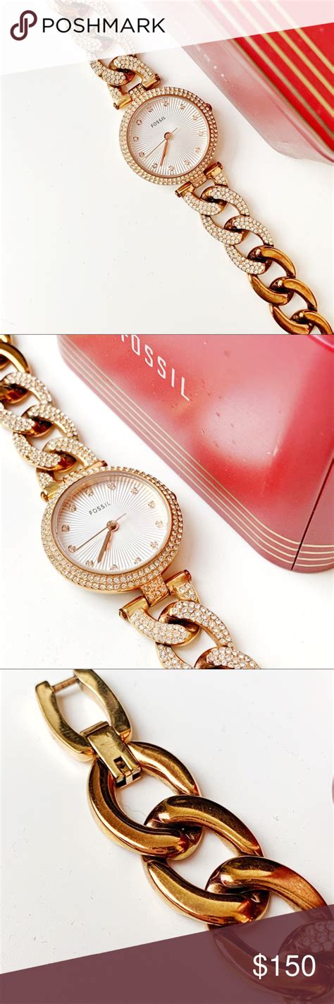 Fossil Swarovski Rose Gold Cuban Link Watch Fossil Accessories