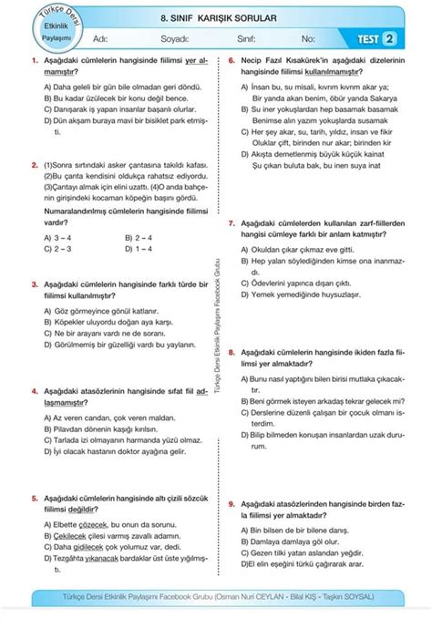 8 Sınıf Türkçe Tarama Testi turkceci net