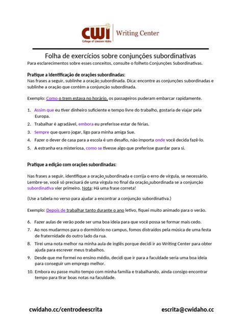 Exercícios de Conjunções Subordinativas | PDF
