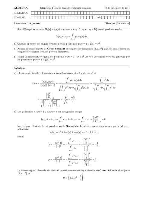 Exámen diciembre 2011 preguntas y respuestas ALGEBRA Ejercicio 1