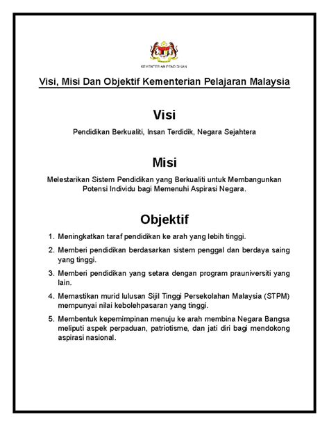 Visi Misi Dan Objektif Kpm Visi Misi Dan Objektif Kementerian