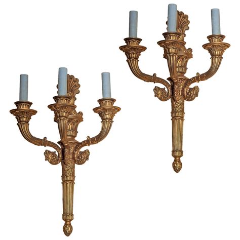 Rare Pair Of Louis Xvi Style Gilt Bronze Three Light Sconces For Sale