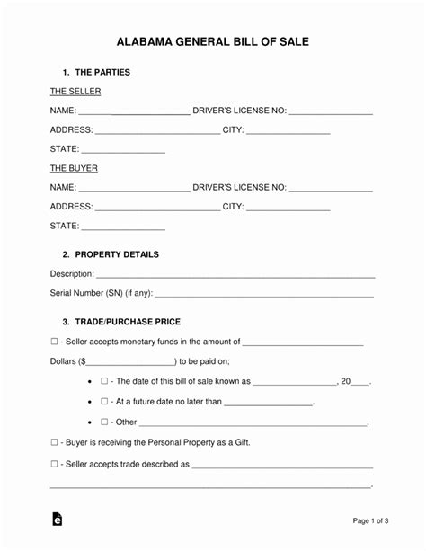 Alabama Vehicle Bill Of Sale Printable