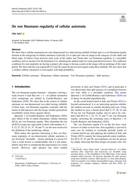 Pdf On Von Neumann Regularity Of Cellular Automata