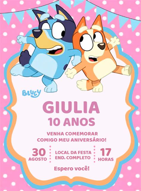 Convite Aniversário Bluey Bingo rosa Edite grátis nosso editor