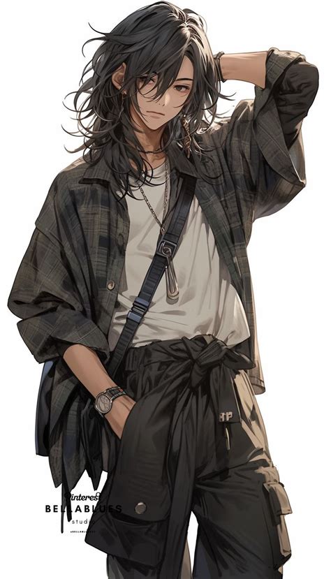 An Anime Character With Long Hair Wearing Black Pants And A White T Shirt Holding His Hand On