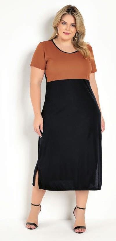 Vestido Midi Preto E Caramelo Fendas Plus Size Foxxstore