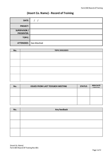 Health And Safety Training Health And Safety Training Record Template