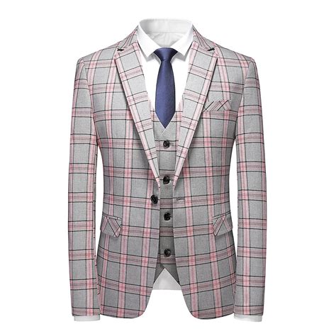 Allthemen Men S 3 Piece Suits Plaid Slim Fit One Button Wedding Prom