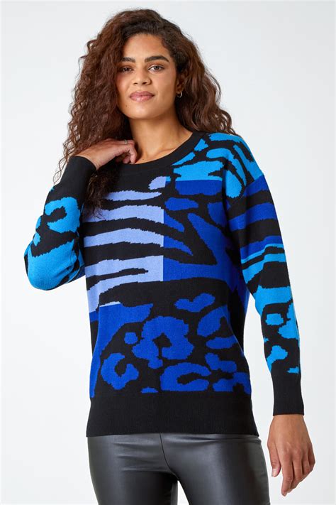 Blue Colour Block Animal Print Jumper Roman Uk