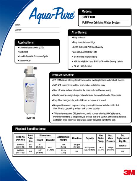 3m Under Sink Full Flow Water Filtration System Replacement Cartridge 3mff101 Nsf Certified