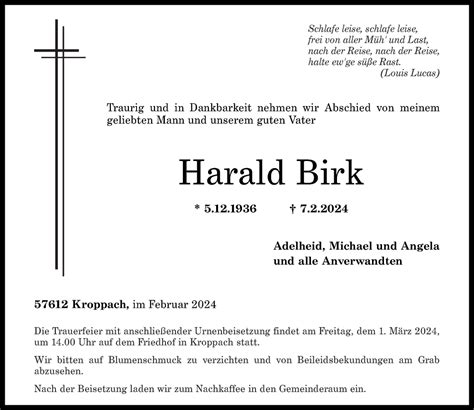 Traueranzeigen Von Harald Birk Rz Trauer De