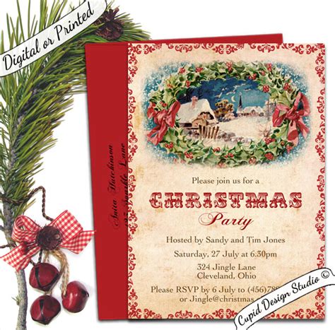 Vintage Christmas party invitations, personalized with matching envelopes.