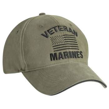 Embroidered Vintage Marines Veteran US Flag Hat Olive Drab - Army Navy Gear