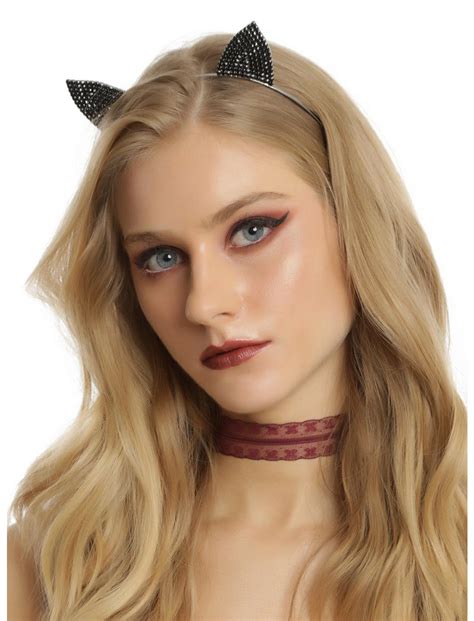 Black Rhinestone Cat Ear Headband Hot Topic