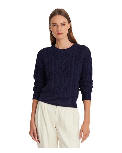 Lauren By Ralph Lauren Cable Knit Cotton Crewneck Sweater In Blue Lyst