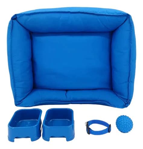 Kit Cachorro Cama Confort Comedouro Coleira Brinquedo Tam M Cor Azul