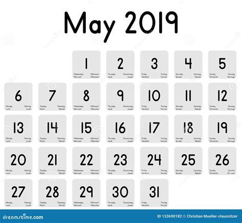 Calendario Del Mes De Mayo De 2019 Ilustración Del Vector Ilustración