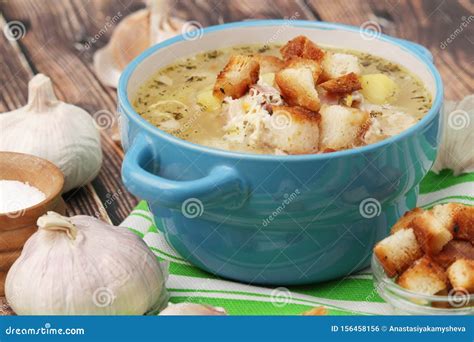 A Bowl With Traditional Czech Garlic Soup Cesnecka Stock Photo Image