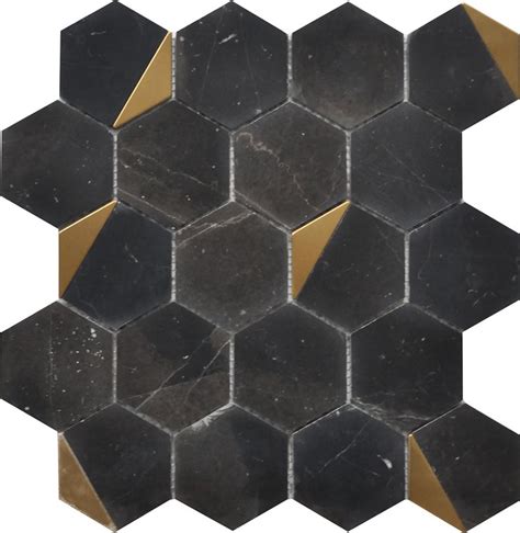 Glam Nero Marquina Gold Brass Hexagon Mosaic Hexagonal Mosaic