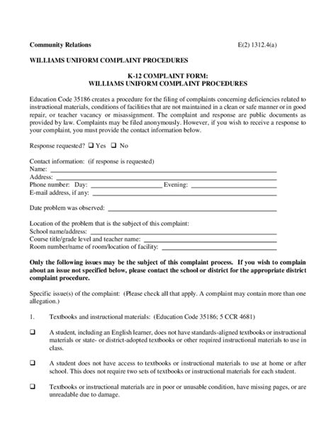 Fillable Online Williams Uniform Complaint Procedures E 1312 4 Fax