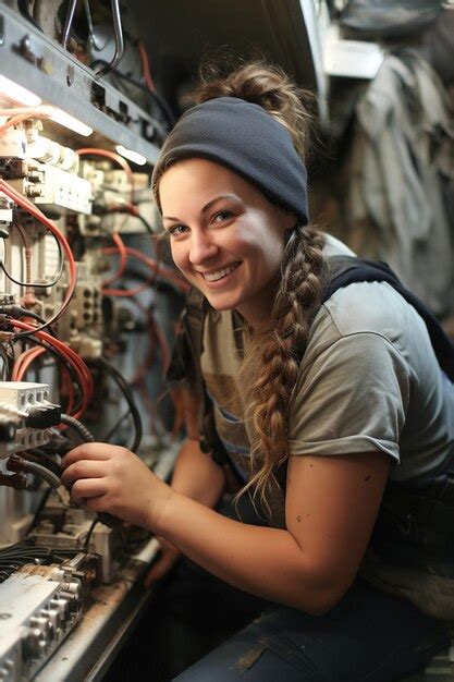 Premium Photo A Woman Is Smiling While Working On An Electrical Panel To Repair The