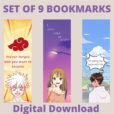 Printable Anime Bookmarks Cartoon Anime Illustrated Instant Download Set Of 9 Printable Anime