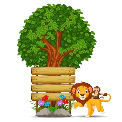 premium vector lion  front   empty wooden signboard