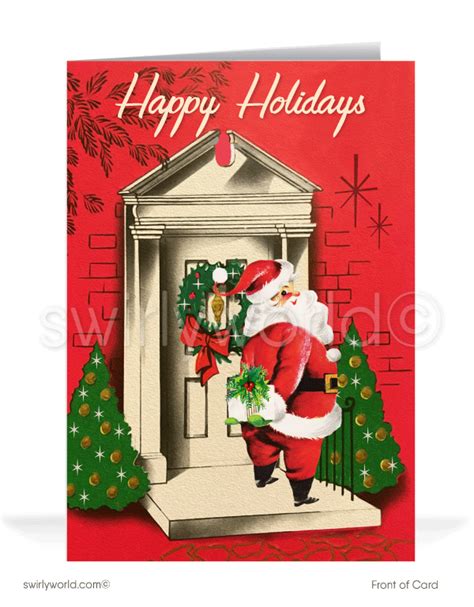 1950s Retro Mid Century Kitsch Santa Claus On Doorstep Vintage Printed Christmas Holiday Cards