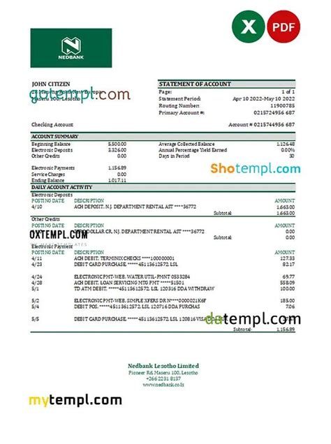 Lesotho Nedbaank Bank Statement Excel And Pdf Template Statement