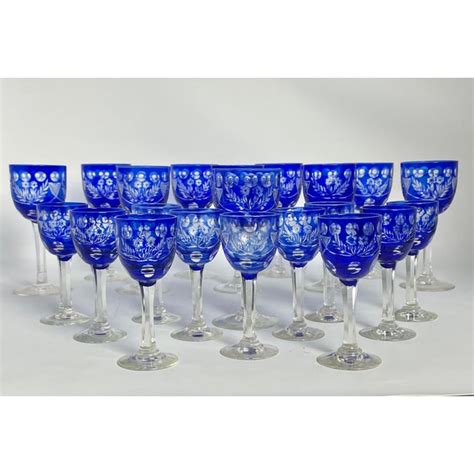 Vintage Cobalt Blue Cut To Clear Czech Crystal Hock Wine And Cordial Stem Glasses Set Of 21