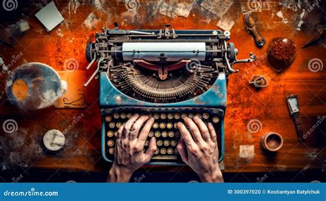 Person Typing On Old Fashioned Blue Typewriter With Their Hands