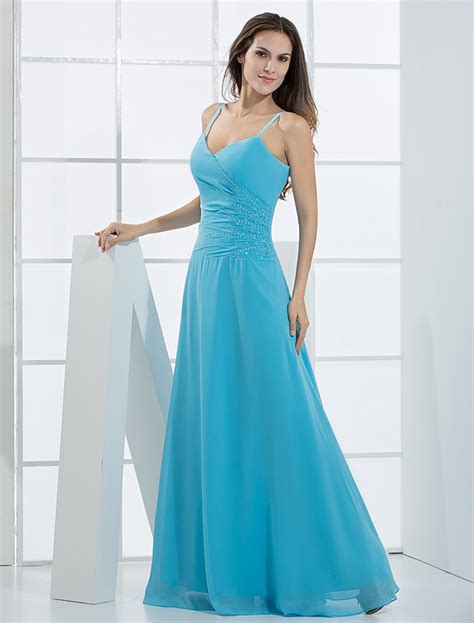 Maxi Evening Dress Aqua Beading Chiffon Spaghetti Straps A Line Party