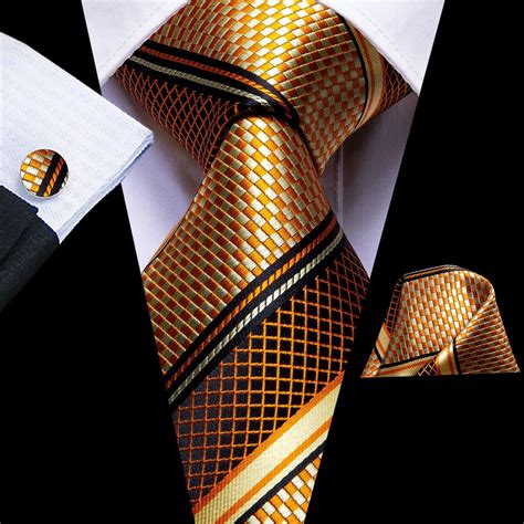 Ties2you Business Tie Gold Yellow Plaid Striped Tie Handkerchief Set Men Necktie Fashion