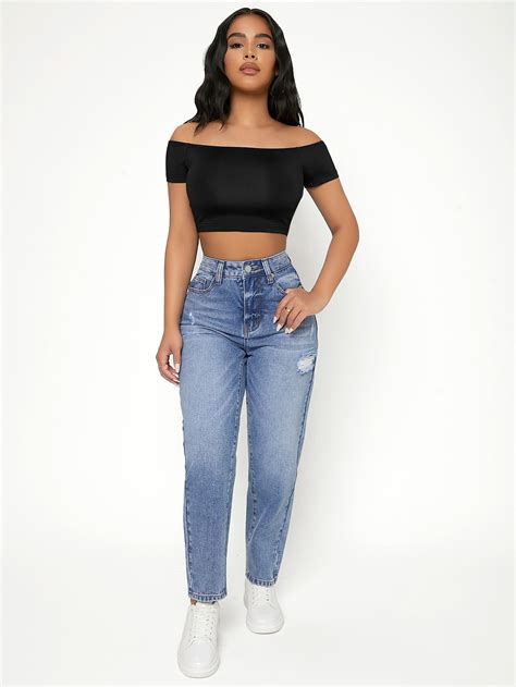 Shein Petite Ripped Frayed Bleach Wash High Waist Jeans Shein Uk