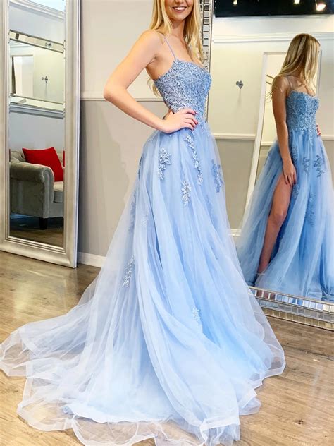 Spaghetti Straps Backless Blue Lace Prom Dresses Open Back Light Blue