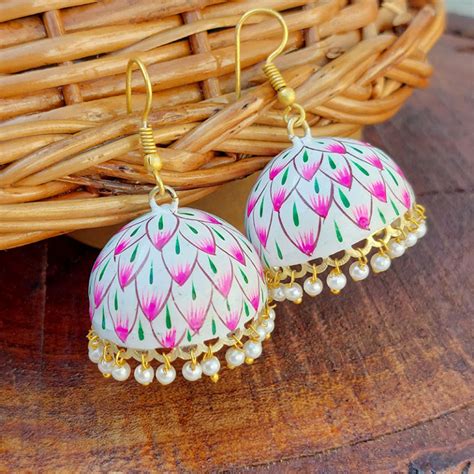 Pink White Pearl Indian Jhumka Earrings Fashioncrab