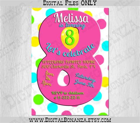 8th Birthday Invitation Pink Rainbow Dots Eight Birthday Party Etsy