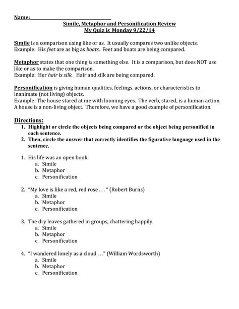 Simile Metaphor And Personification Worksheet Artofit