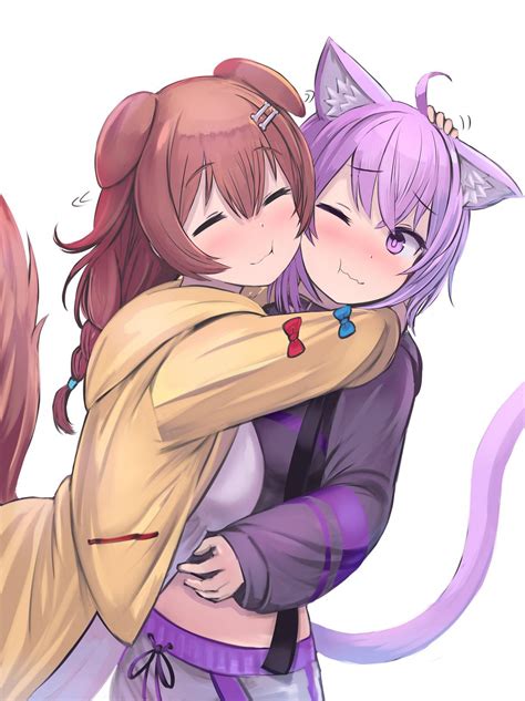 Inugami Korone Hugging Nekomata Okayu [virtual Youtuber] R Awwnime