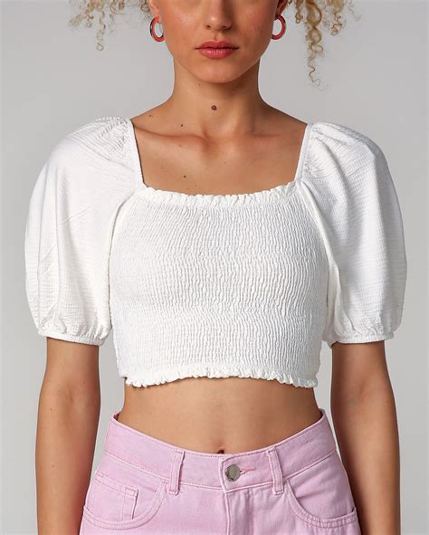 Riachuelo Blusa Cropped Feminina Manga Bufante Lastex Branco Pool By