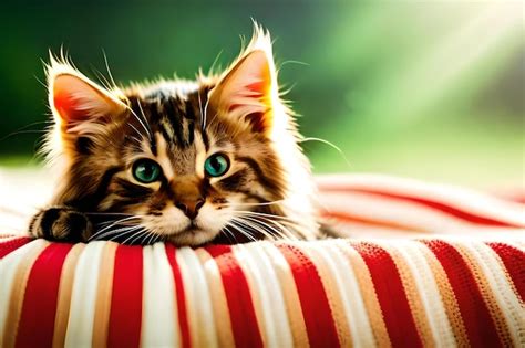 Cute Kitten With Striped Fur Sleeping On Blanket Cats Day Premium Ai