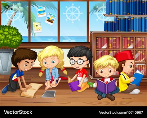 Children reading books in the library Royalty Free Vector