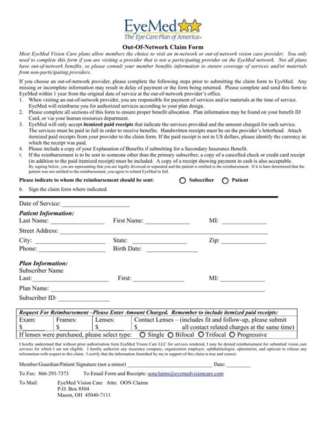 Eyemed Claim Form Printable Printable Forms Free Online