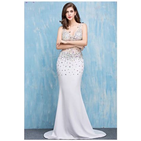 Stunning Mermaid V Neck White Satin Tulle Beaded See Through Prom Dress