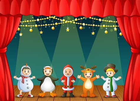 Premium Vector Happy Kids Wearing Christmas Costumes Performing On Stage