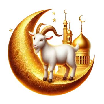 Cabra Eid Al Adha En Luna Dorada Con Vector De Mezquita Blanco Aislado