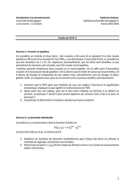 Feuille de TD 4 S1 202122 1 Introduction à la microéconomie Katharina